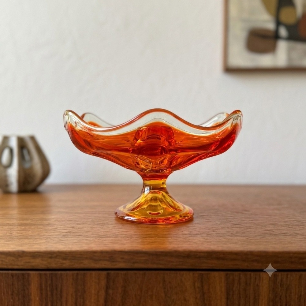 Viking Epic 6 Petal Persimmon Pedestal Taper Candle Holder Art Glass MCM